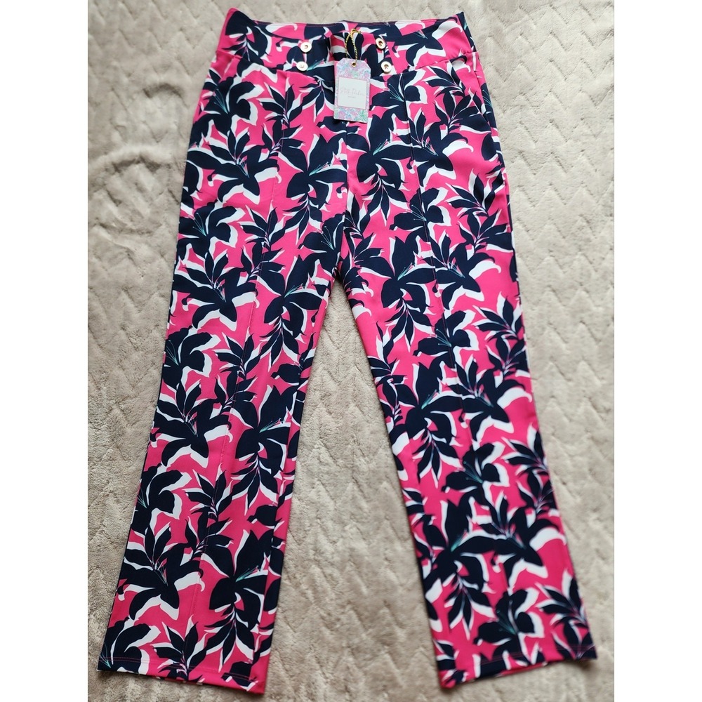 Stella Parker Sport Pink Navy Leaf Pattern Cropped Stretch Dress Pants Womens S